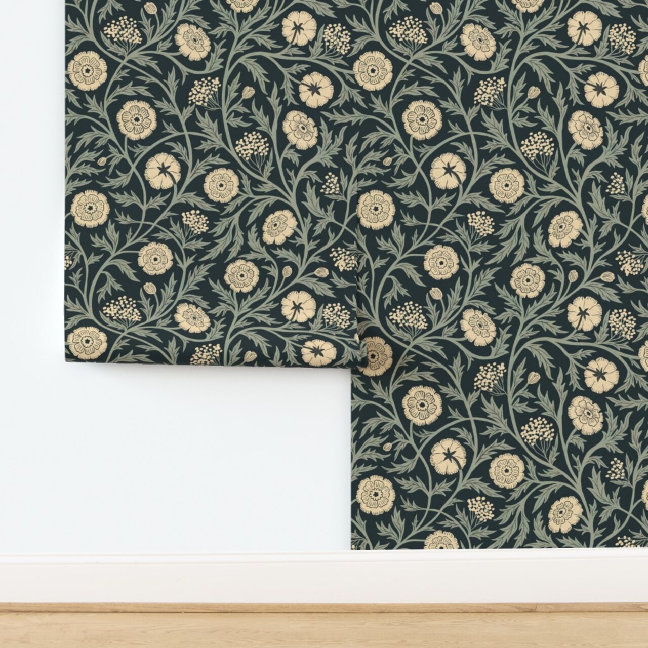 Blue Floral Cream Botanical Traditional Hand Drawn Vines Arts And Crafts Cottagecore Custom Removable Wallpaper by Spoonflower Peel & Stick Wallpaper 2FT Wide